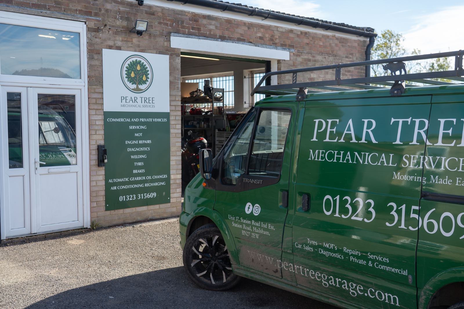 The Pear Tree Mechanical Services van, sign-written with the phone number 01323 315609